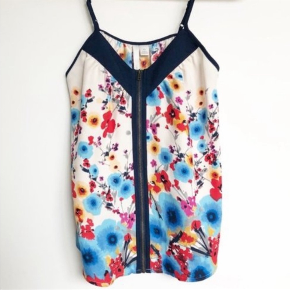 Lauren Conrad Floral blue Multicolored Flora Spaghetti Strap Zipper Top